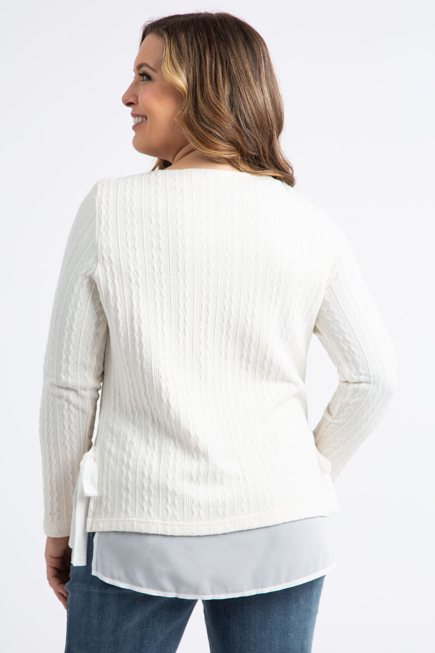 Cable Knit Sweater w/ Chiffon Underlay Image 4