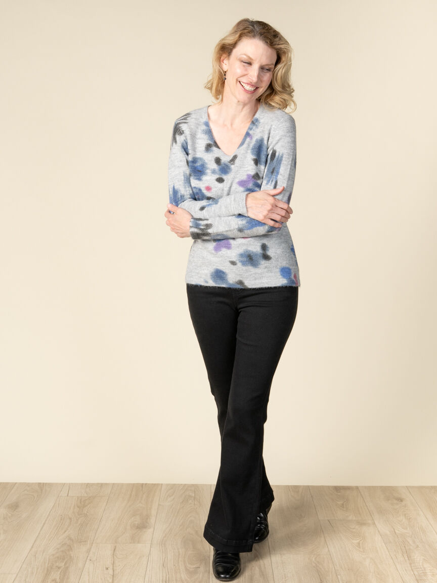 Long Sleeve V-Neck Watercolor Sweater