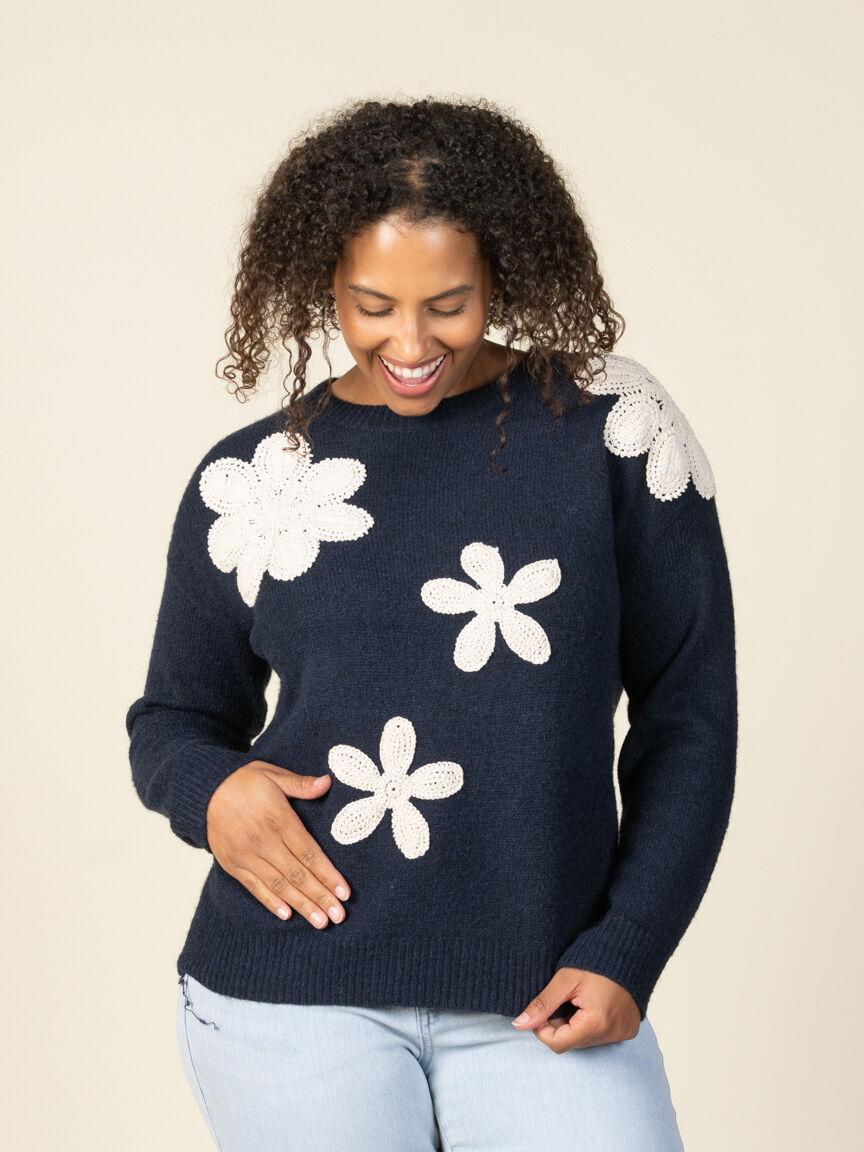 Long Sleeve Sweater with Crochet Flower Details