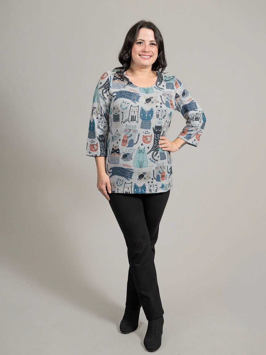 3/4 Sleeve Cat Print Top With Hotfix