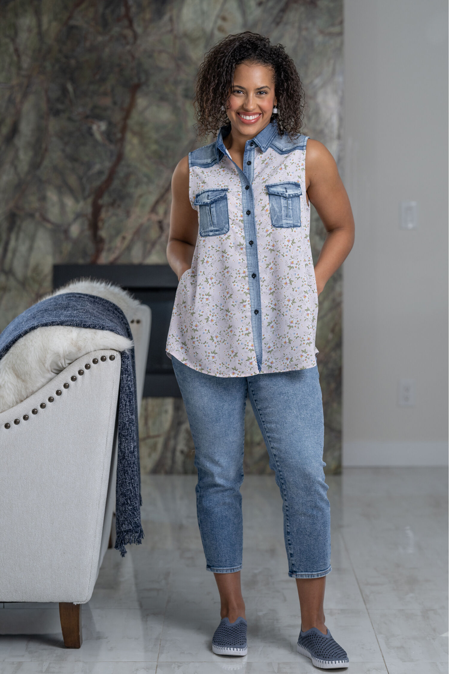 Sleeveless Denim Yoke Floral Blouse Image 1