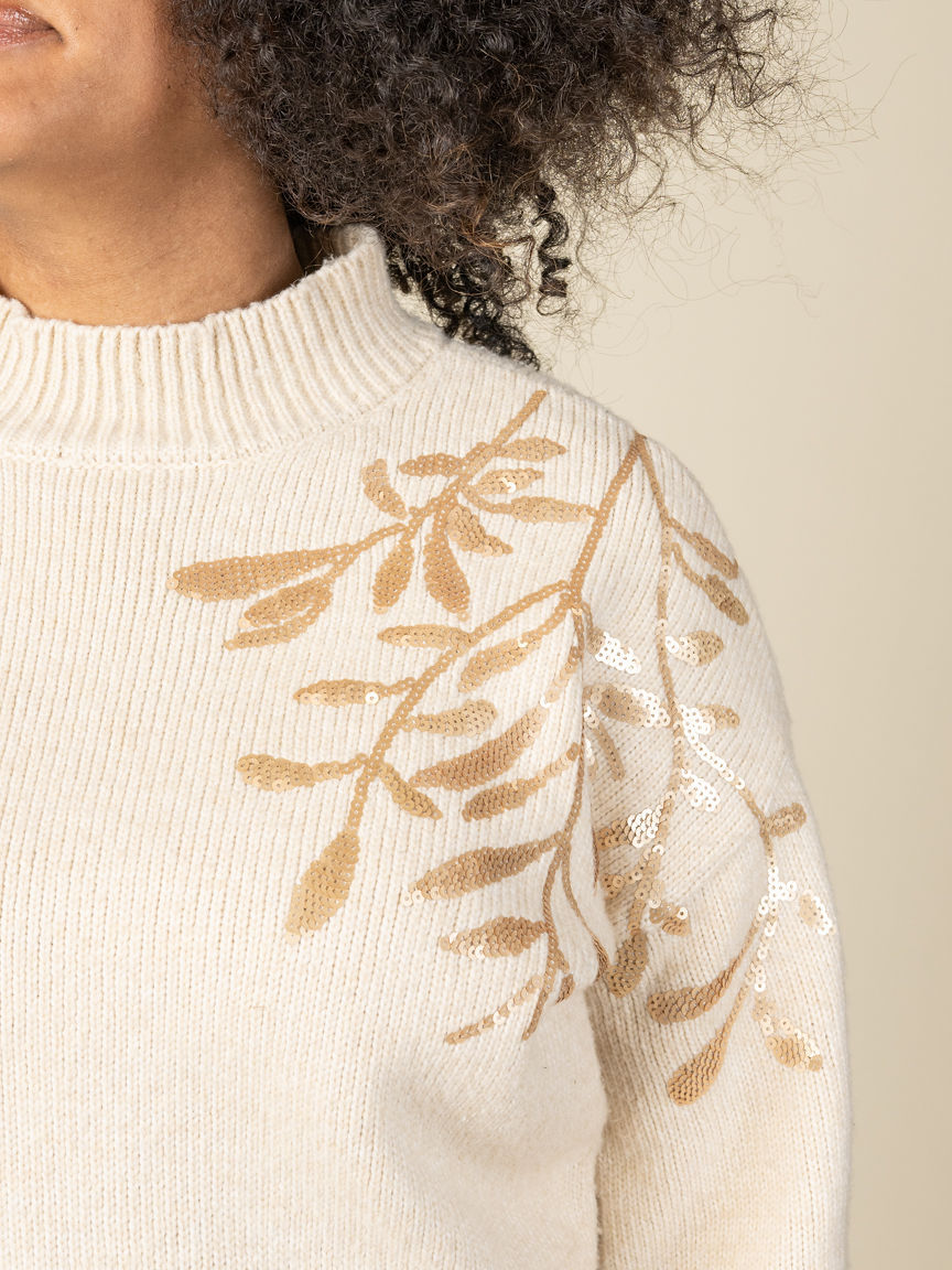 Sequin Floral Applique Mock Neck Sweater