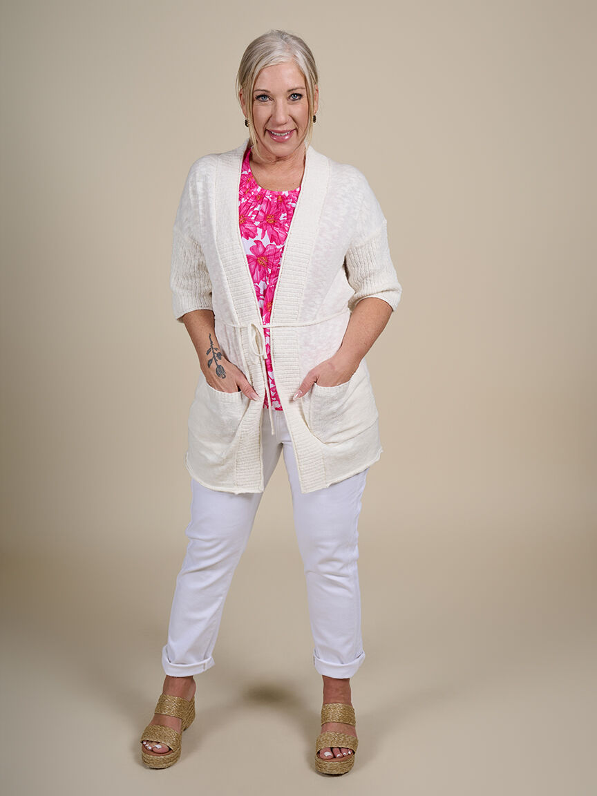 Short Sleeve Knit Cardigan with Belt 