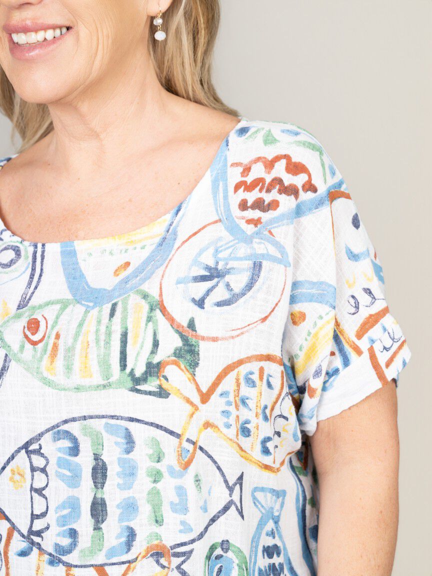 Short Sleeve Cotton Fish Print Top