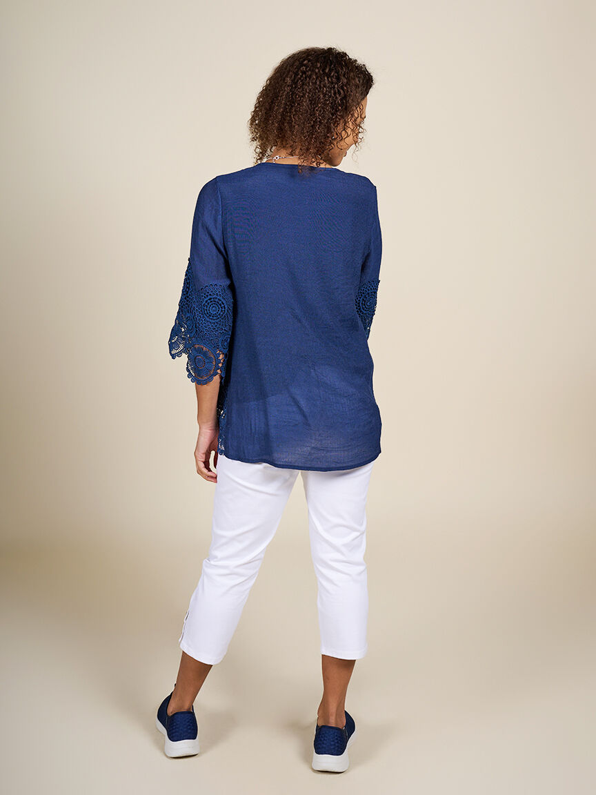 &frac34; Sleeve Blouse with Crochet Detail  Image 2