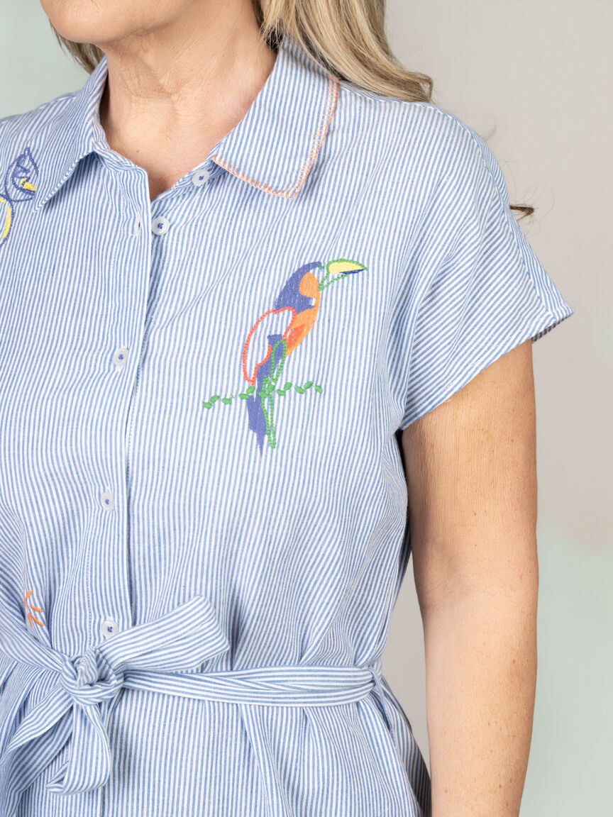 Embroidered Button-Up Midi Shirt Dress with Belt