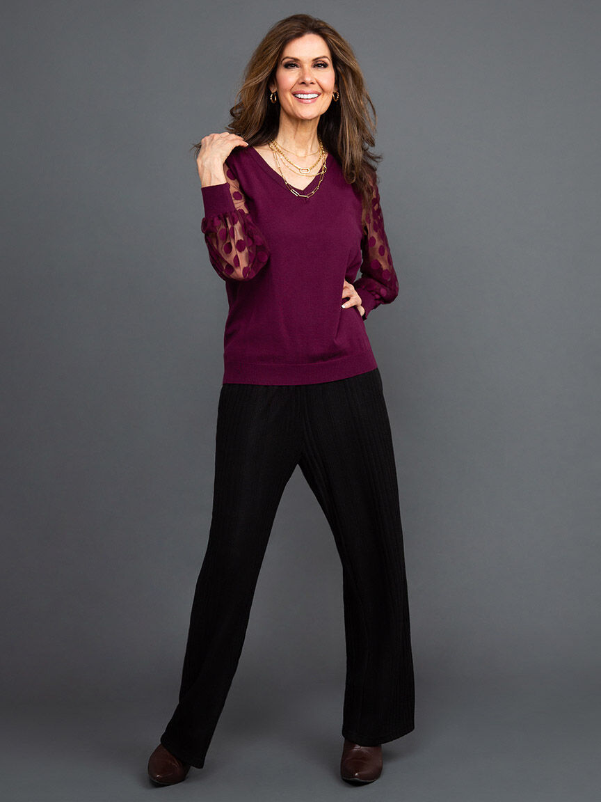 V-Neck Sweater w/ Sheer Balloon Sleeves Image 1