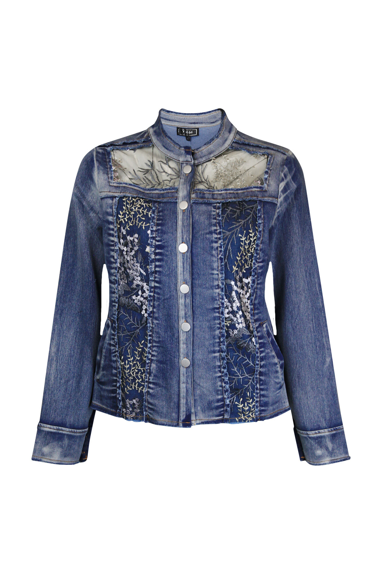 Denim Jacket with Mesh and Floral Embroidery Image 1