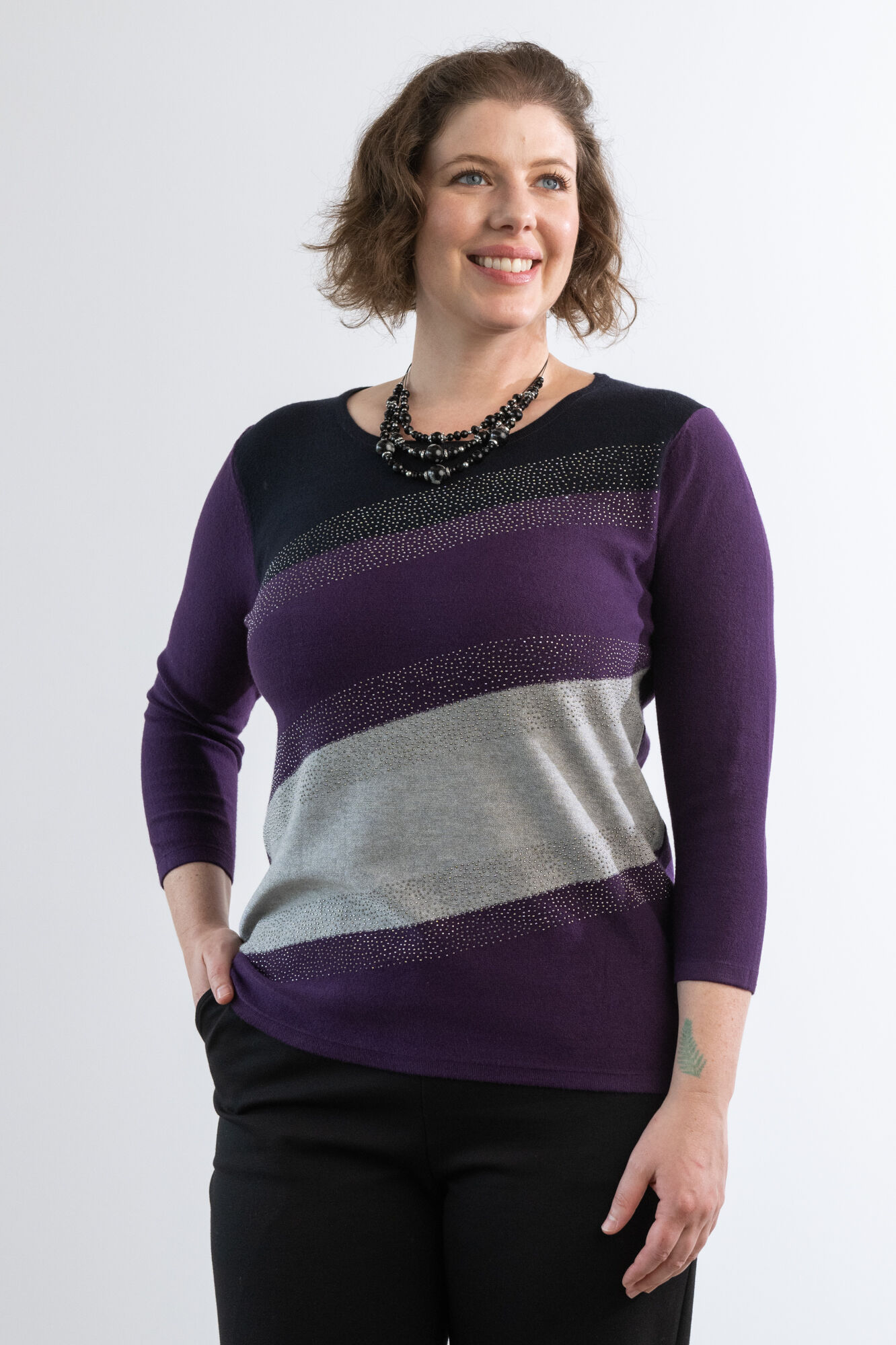 Silver Slanted Rhinestones Colorblock Sweater  Image 2