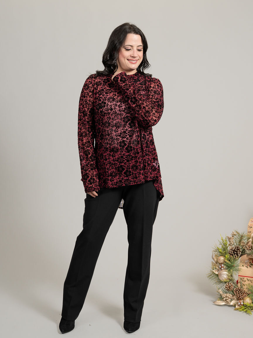 Long Sleeve Floral Burnout High-Low Blouse