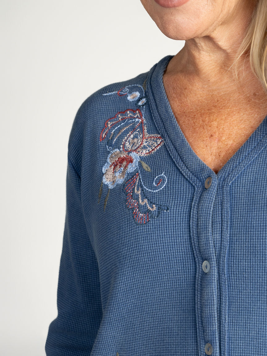 Embroidered Button-Up Waffle Knit Top