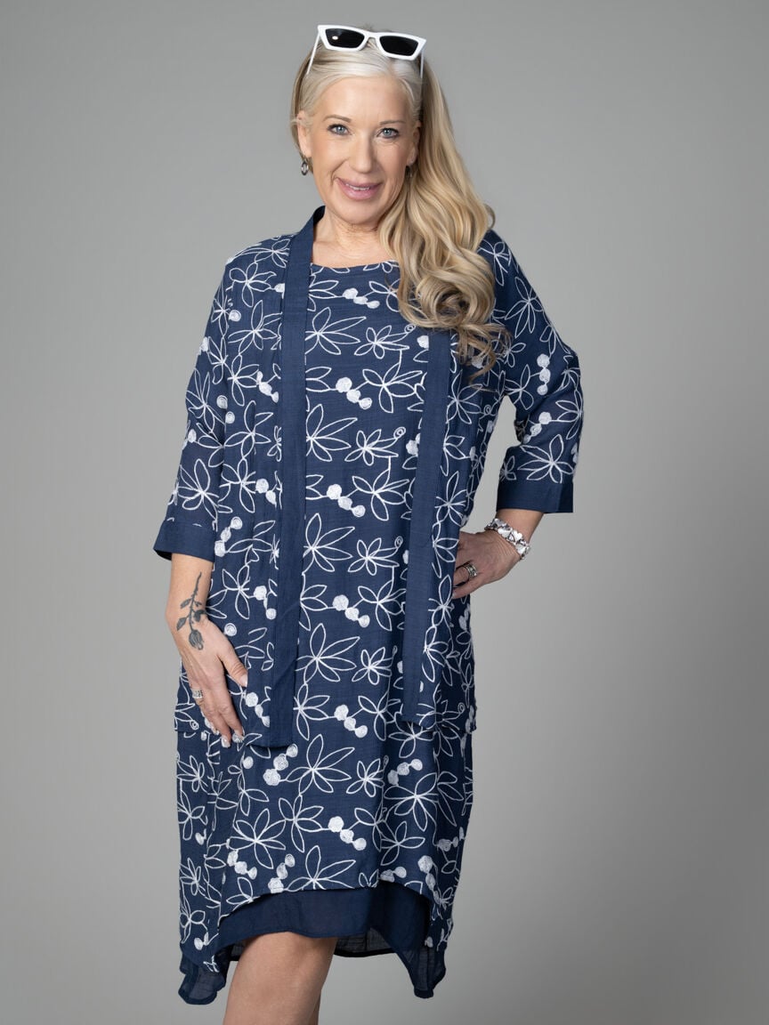 Sheer 3/4 Sleeve Open-Front Kimono with Floral Embroidery