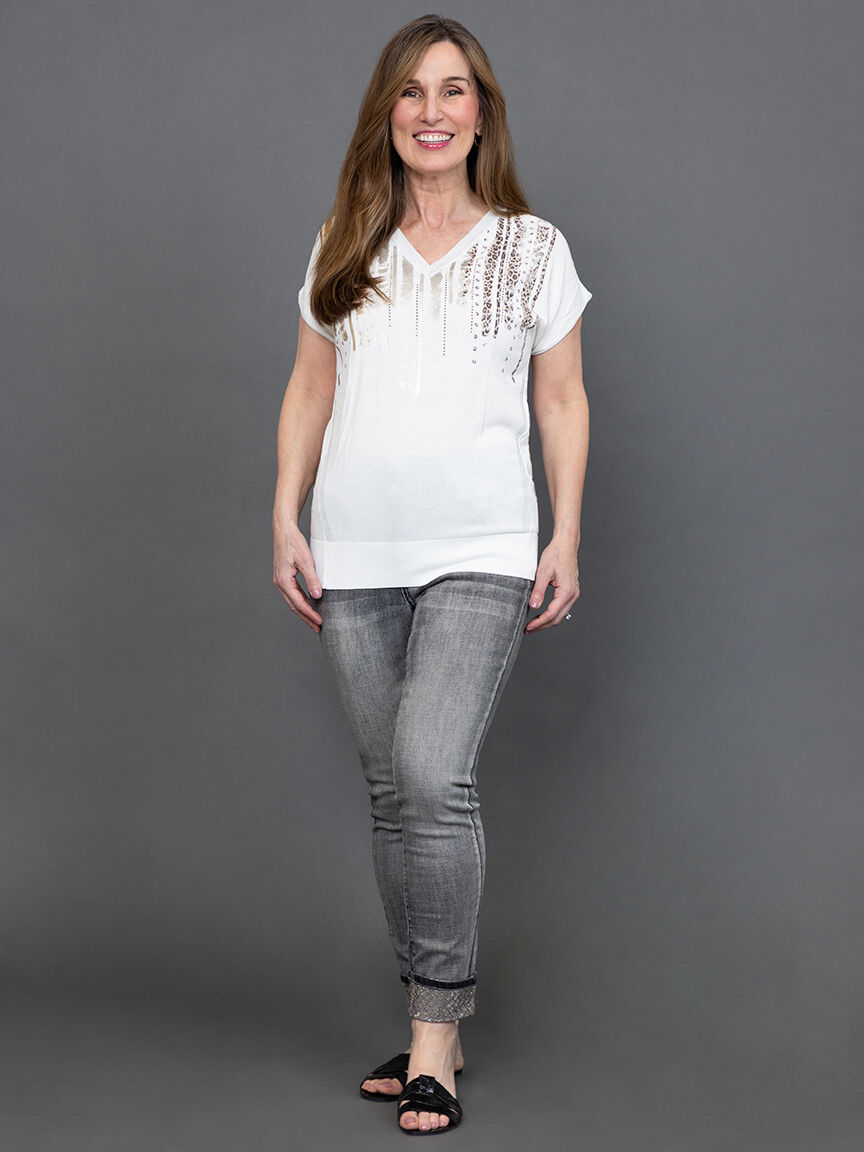 Short Sleeve V-Neck Foil & Hotfix Knit Top  Image 1