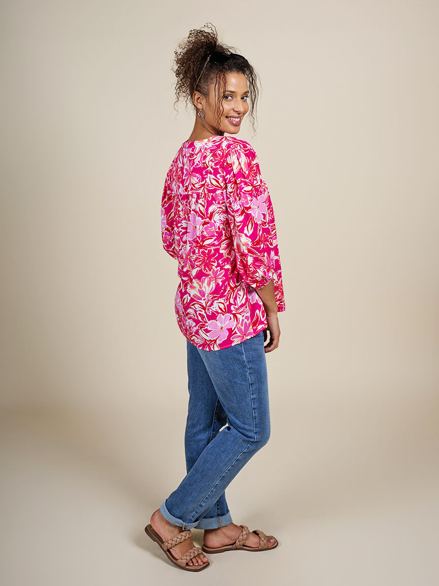 3/4 Sleeve Button Up Blouse with Tie Neck  Image 3