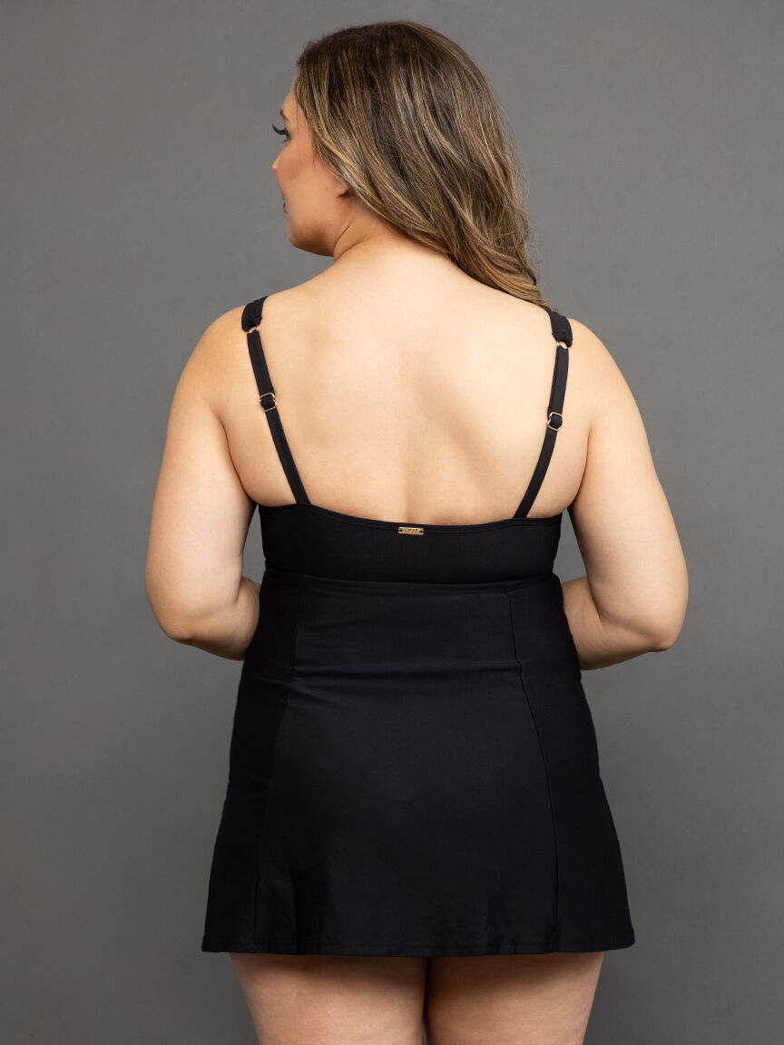 One Piece Solid Black Swim Dress   Image 4