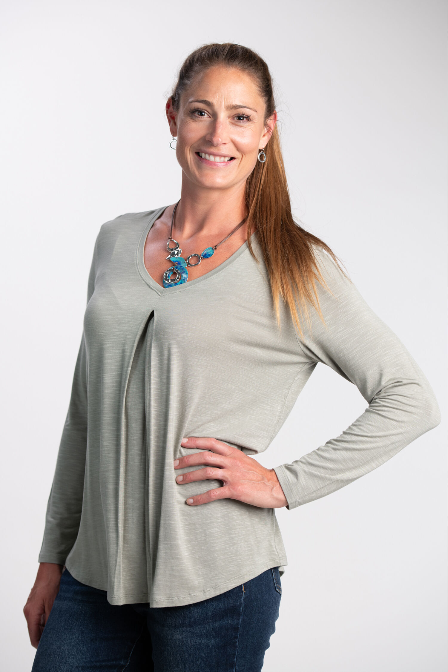 Long Sleeve Pleated V-Neck Top  Image 1