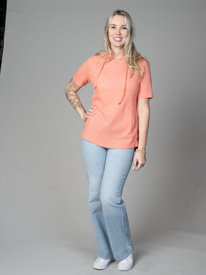 Short Sleeve Waffle Knit Tunic With Hood Image 5