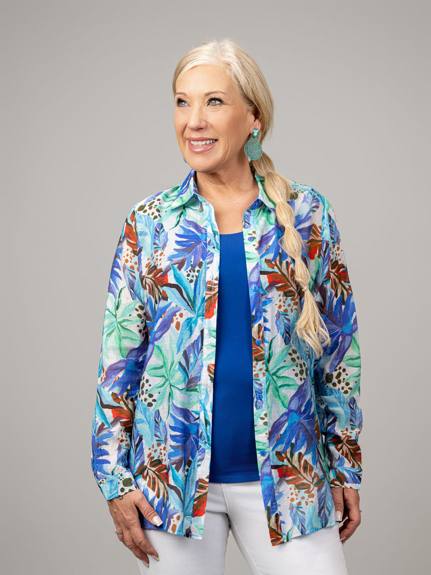 Long Sleeve Tropical Print Button Down Shirt