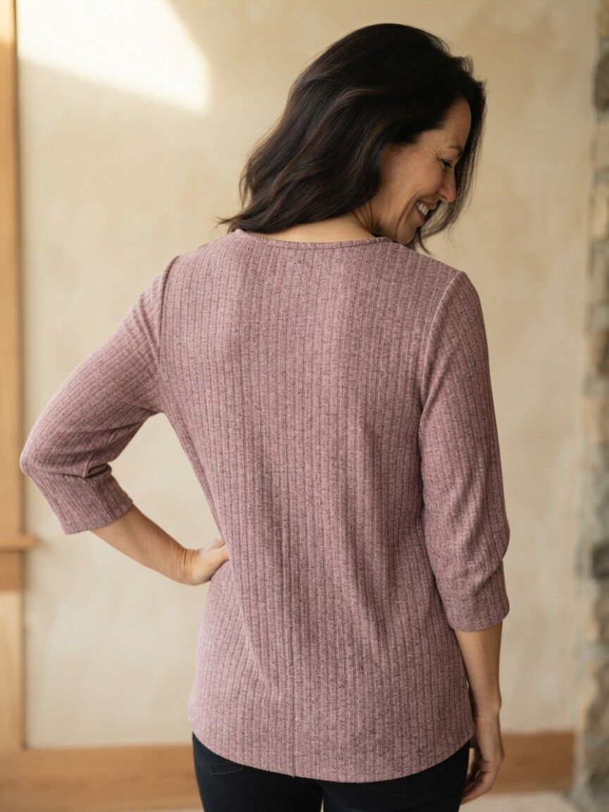 Ribbed Elbow Sleeve V-Neck With Button Detail