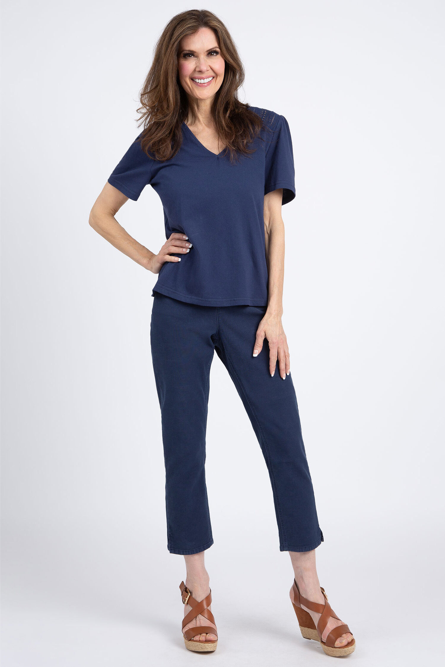 Short Sleeve Top w/ Lace Detail, Blue