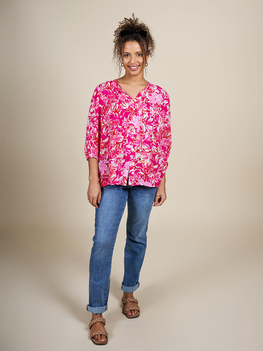 3/4 Sleeve Button Up Blouse with Tie Neck  Image 4