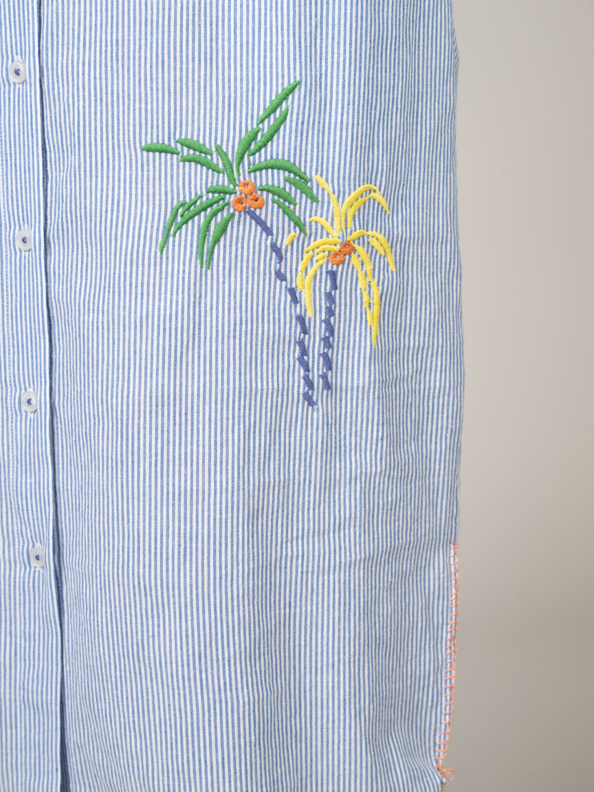 Embroidered Button-Up Midi Shirt Dress with Belt
