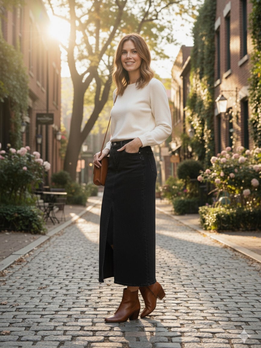 Denim Maxi Skirt with Front Slit