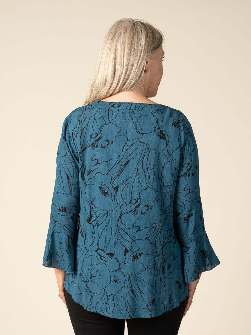 3/4 Sleeve Floral Print Button Up Flared Sleeves Top