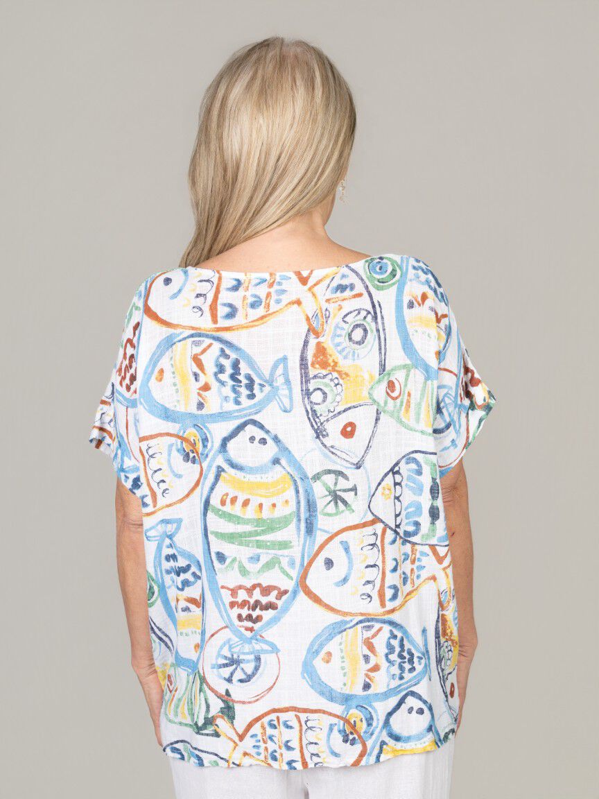 Short Sleeve Cotton Fish Print Top