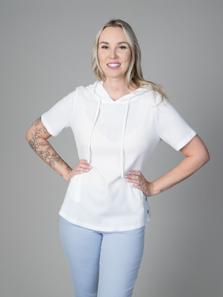 Short Sleeve Waffle Knit Tunic With Hood