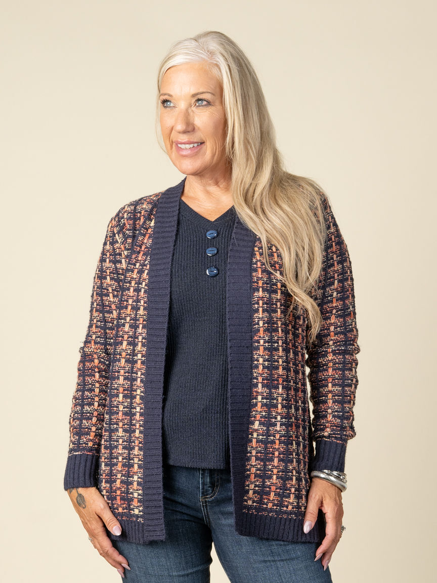 Open Front Knitted Cardigan With Lurex Trimming