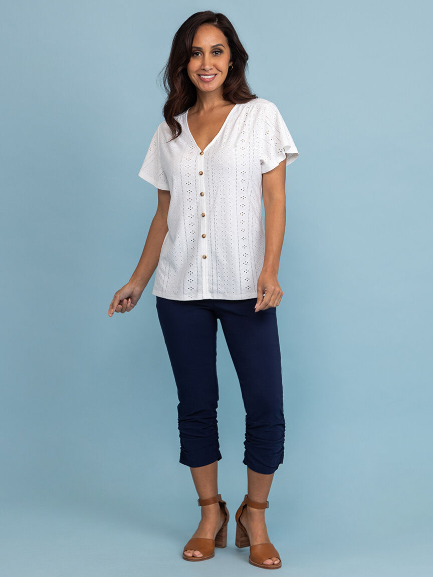 Stretch Eyelet T-Shirt with Button Detail  Image 1