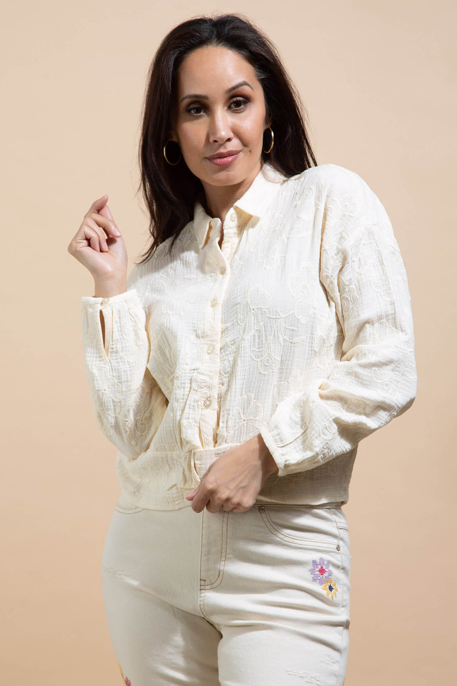 Embroidered Long Sleeve Blouse w/ Faux Knot Image 2