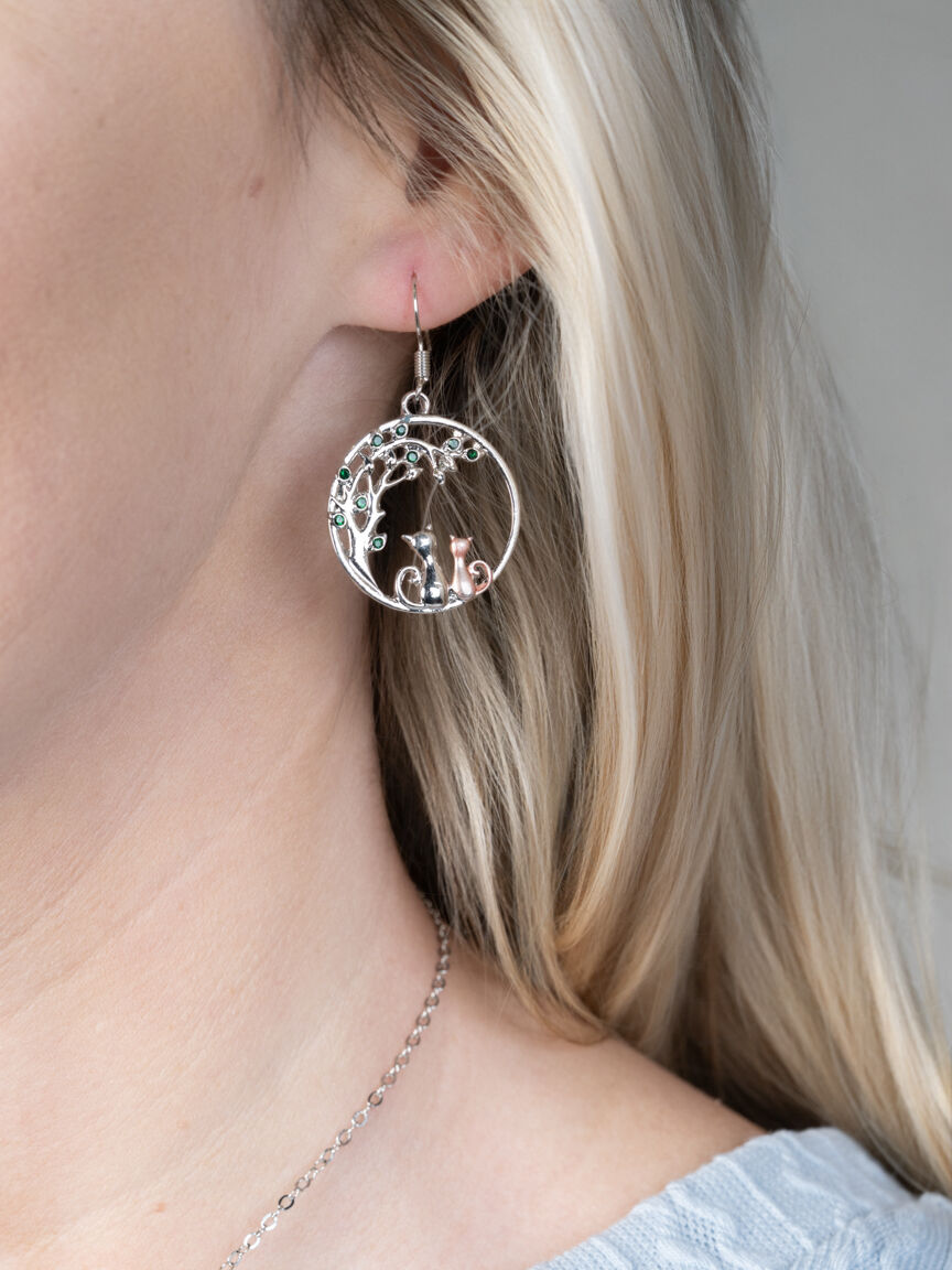 Cat and Tree Drop Earrings