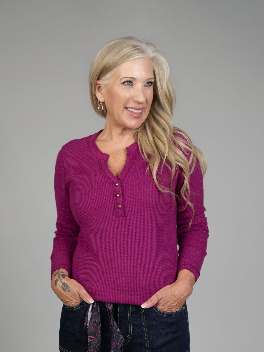 Long Sleeve Waffle Knit Henley Top