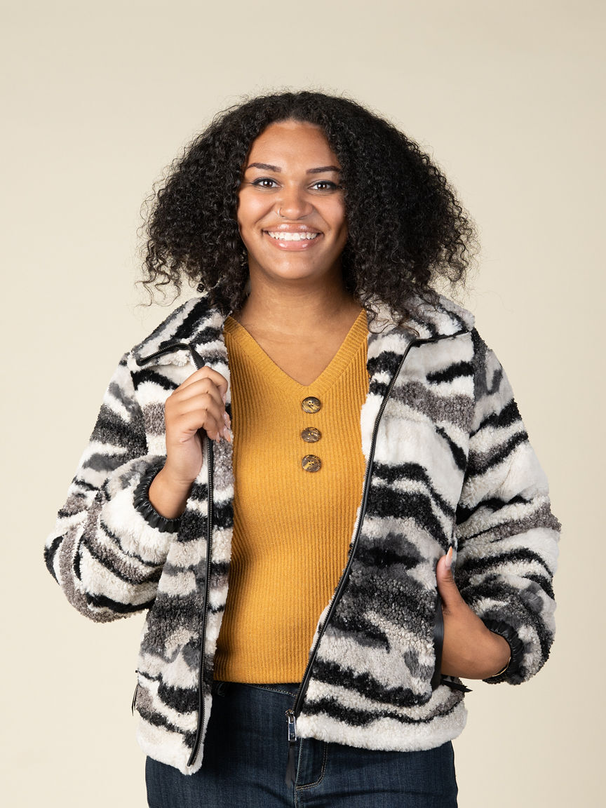 Faux Leather Trimmed Fun Fur Teddy Jacket
