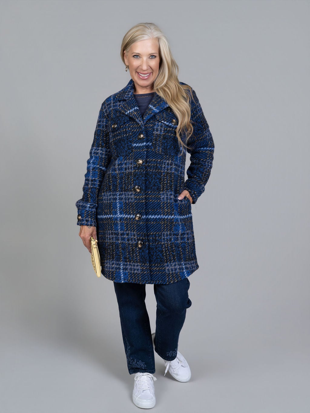 Knit Plaid Notch Collar Shacket