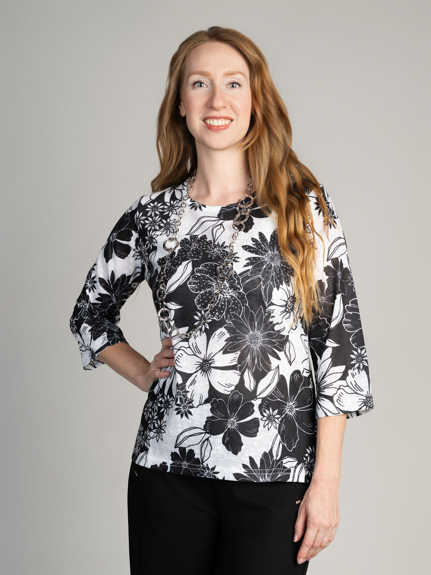 3/4 Sleeve Floral Print Top With Hotfix