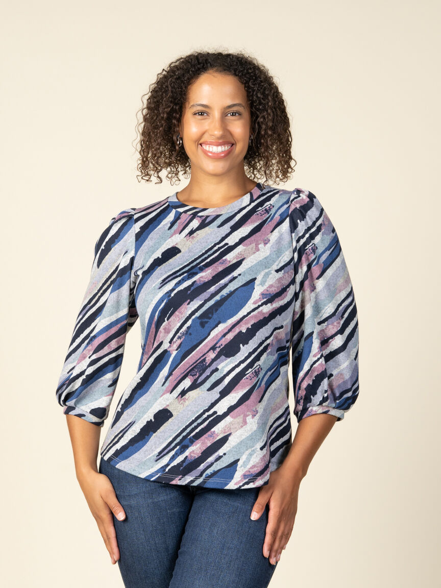 3/4 Sleeve Crew Neck Printed Foil Top Image 1