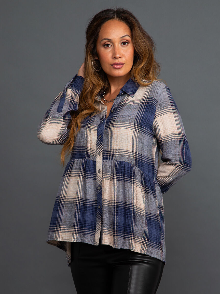 Button-Up Plaid Peplum Blouse Image 2