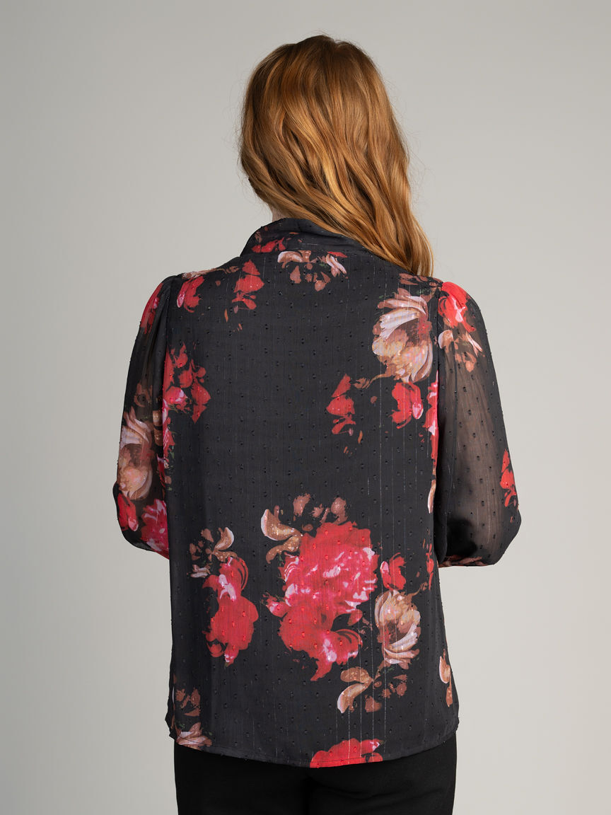 Sheer Floral Tie-Neck Blouse