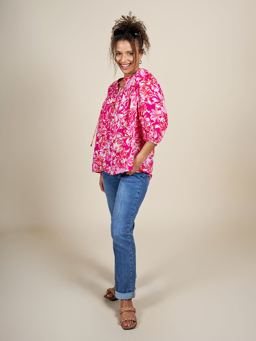 3/4 Sleeve Button Up Blouse with Tie Neck  Image 6