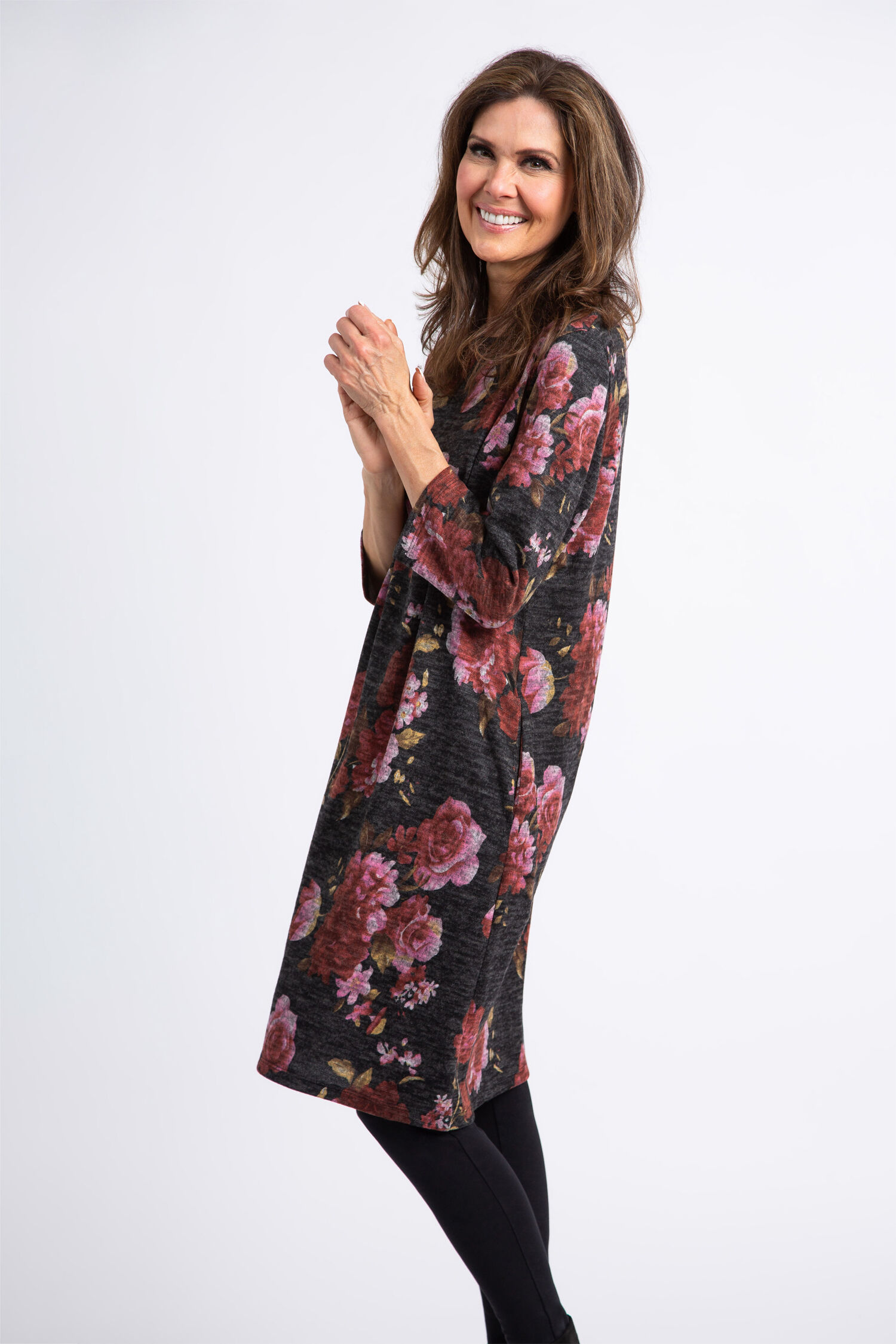 &frac34; Sleeve Knee Length Floral Dress  Image 2