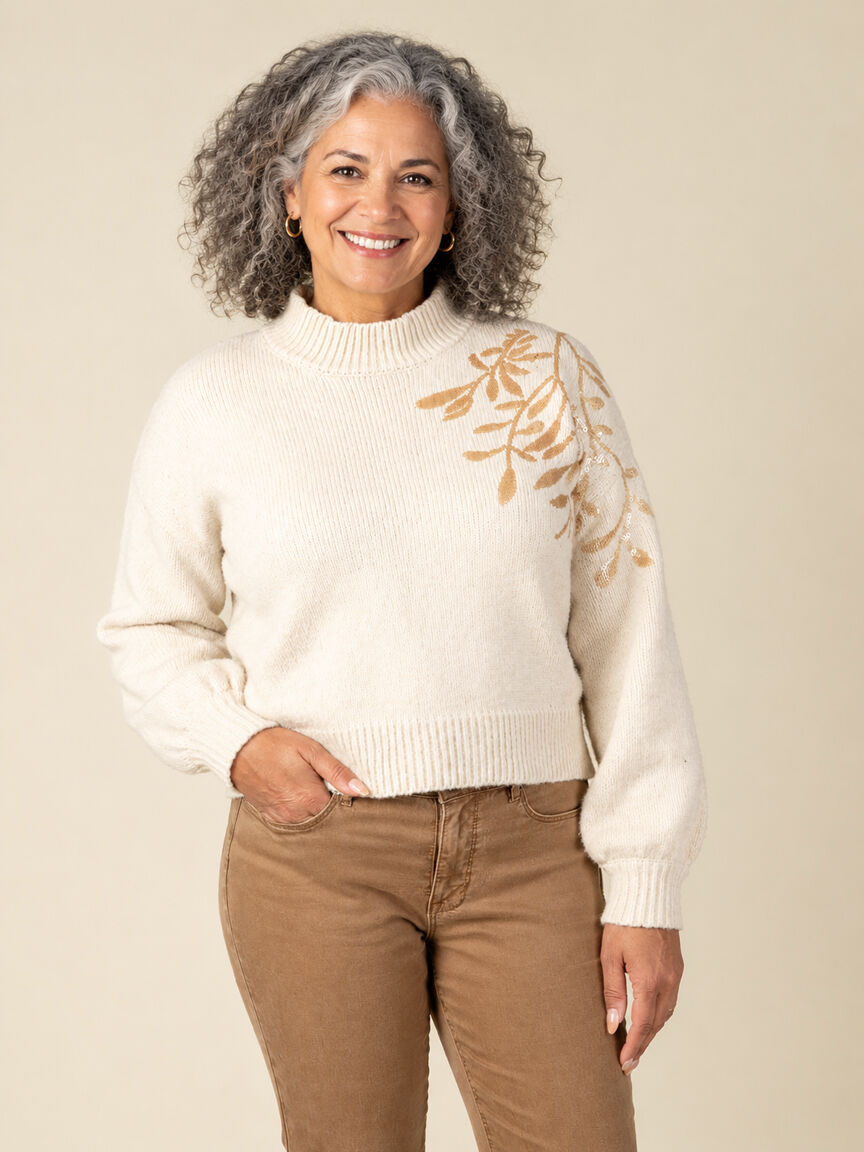 Sequin Floral Applique Mock Neck Sweater