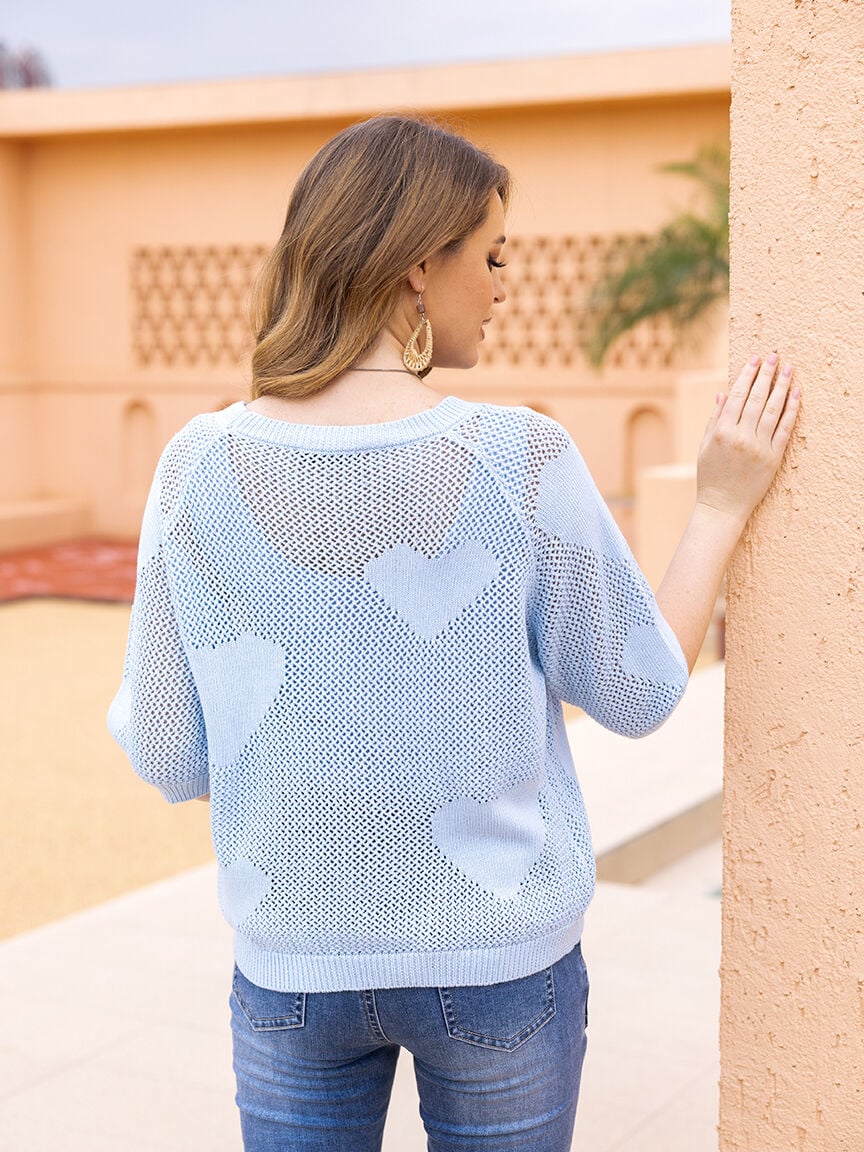 Open Knit Elbow Sleeve Sweater With Hearts