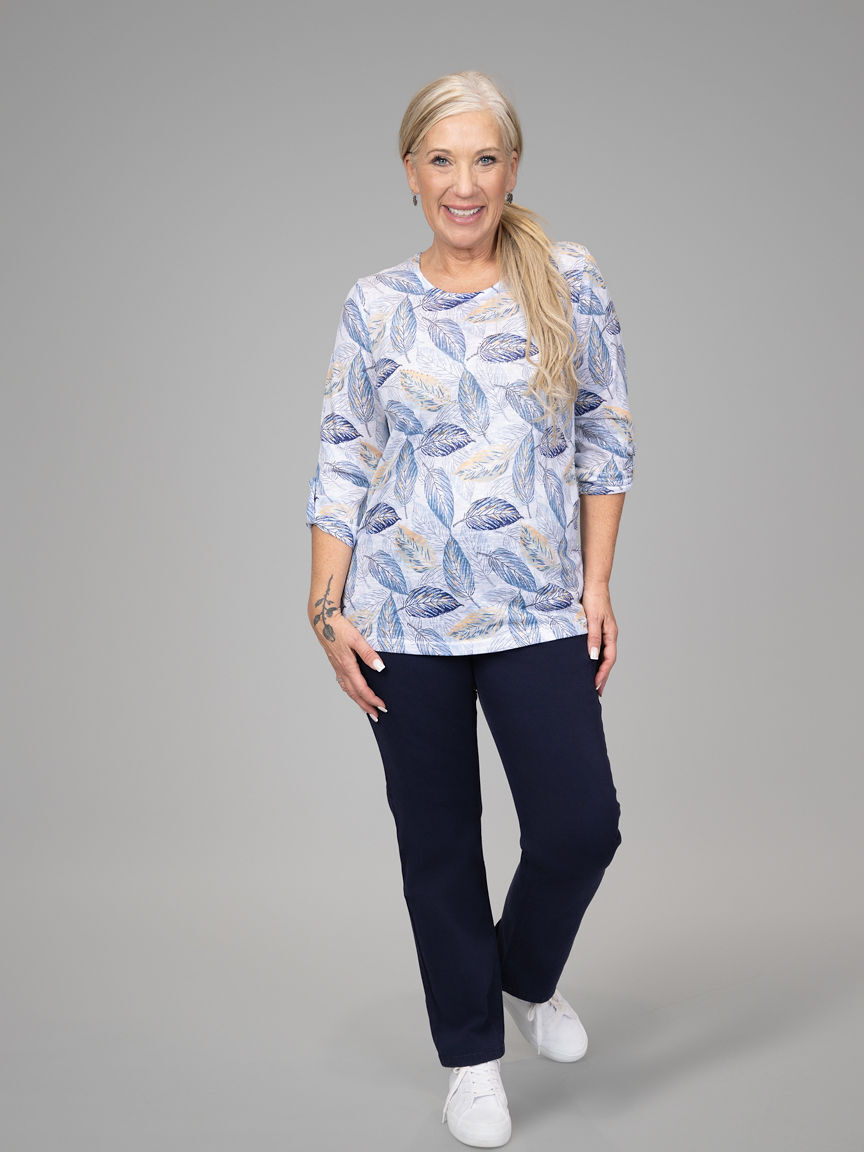 3/4 Sleeve Leaf Print Top