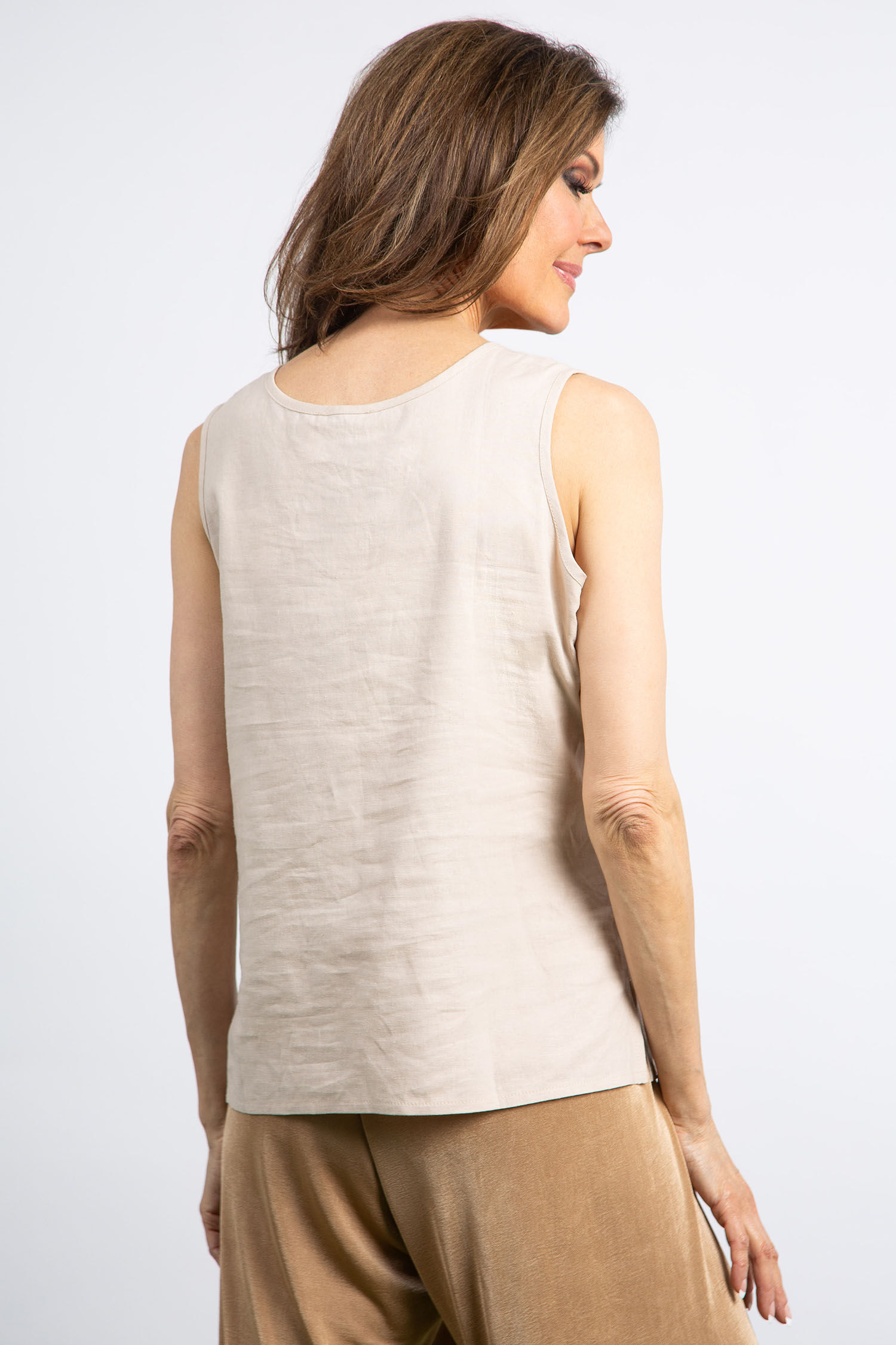 Linen Blend Tank Top w/ Palm Motif Image 4