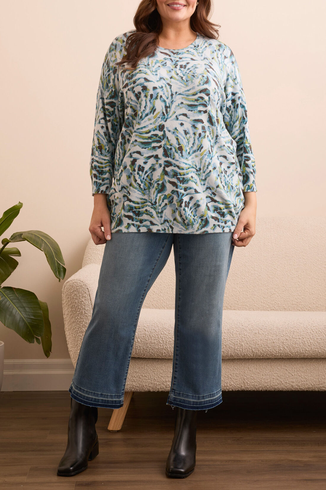 3/4 Sleeve Crew Neck Sweater, Navy