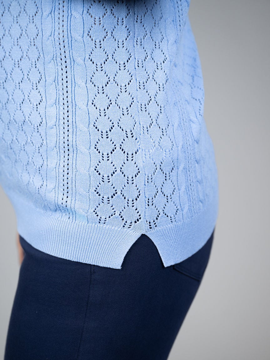 Short Sleeve Polo Sweater With Scalloped Collar Trim