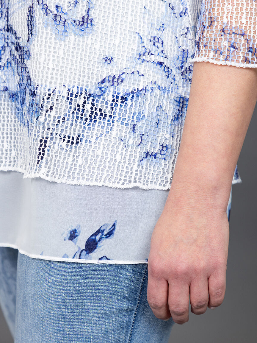 &frac34; Sleeve Crochet Mesh Top Image 5